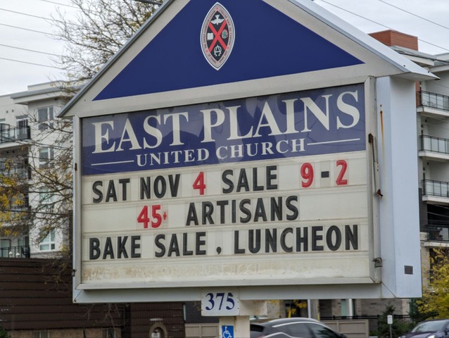 East Plains United Church sign, saying 'Sat. Nov. 4 Sale 9-2, 45+ artisans, bake sale, luncheon' in Burlington's Aldershot neighbourhood.