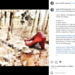 An image of a wooded area, with a pair of red high heels place on a tree stump in the right-hand edge of the photo. Beside the photo is a poem and hashtags; the image is from the Instagram account.