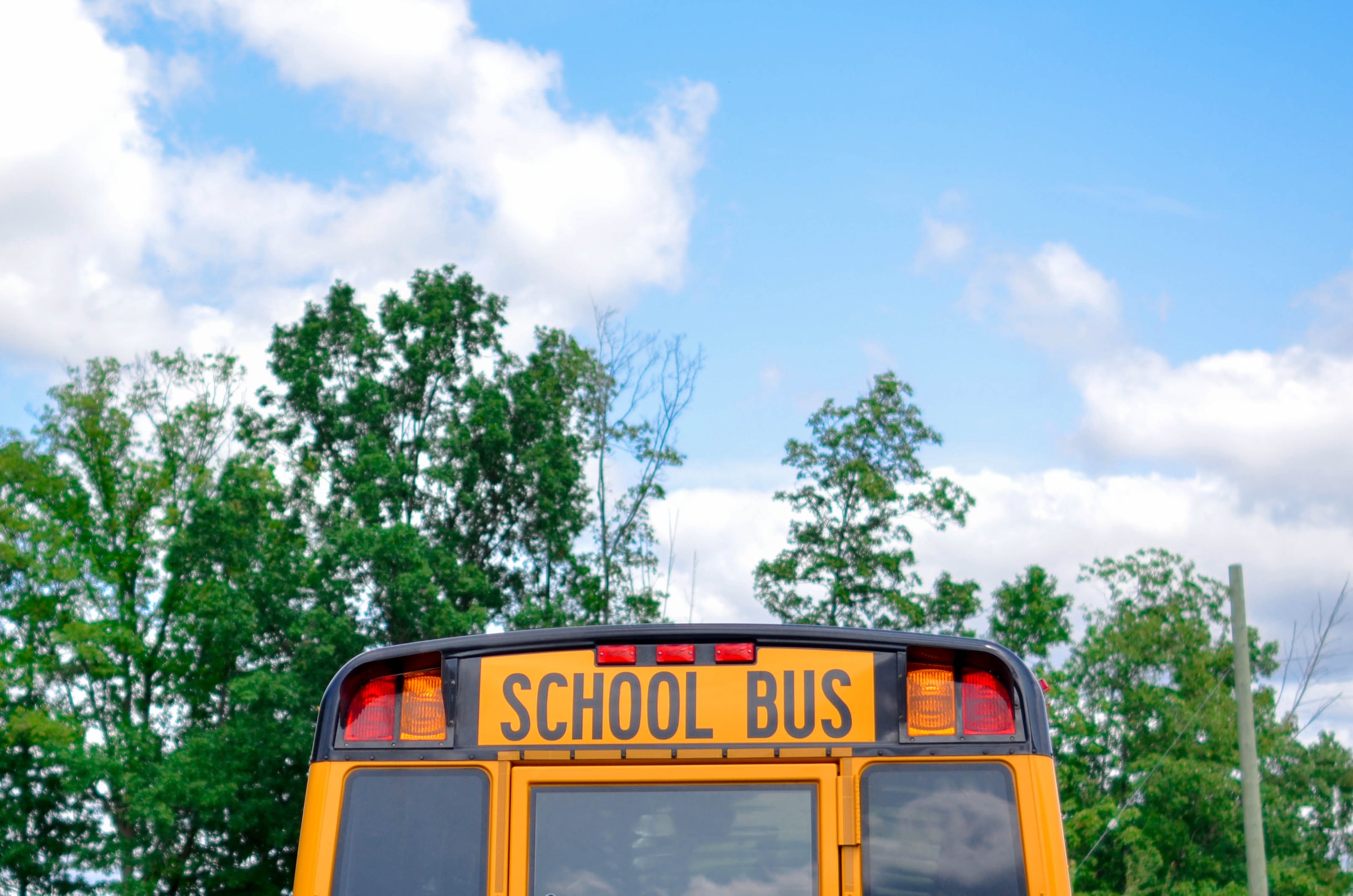 The top of a school bus, from the back, with treetops, blue sky and clouds in the background.
